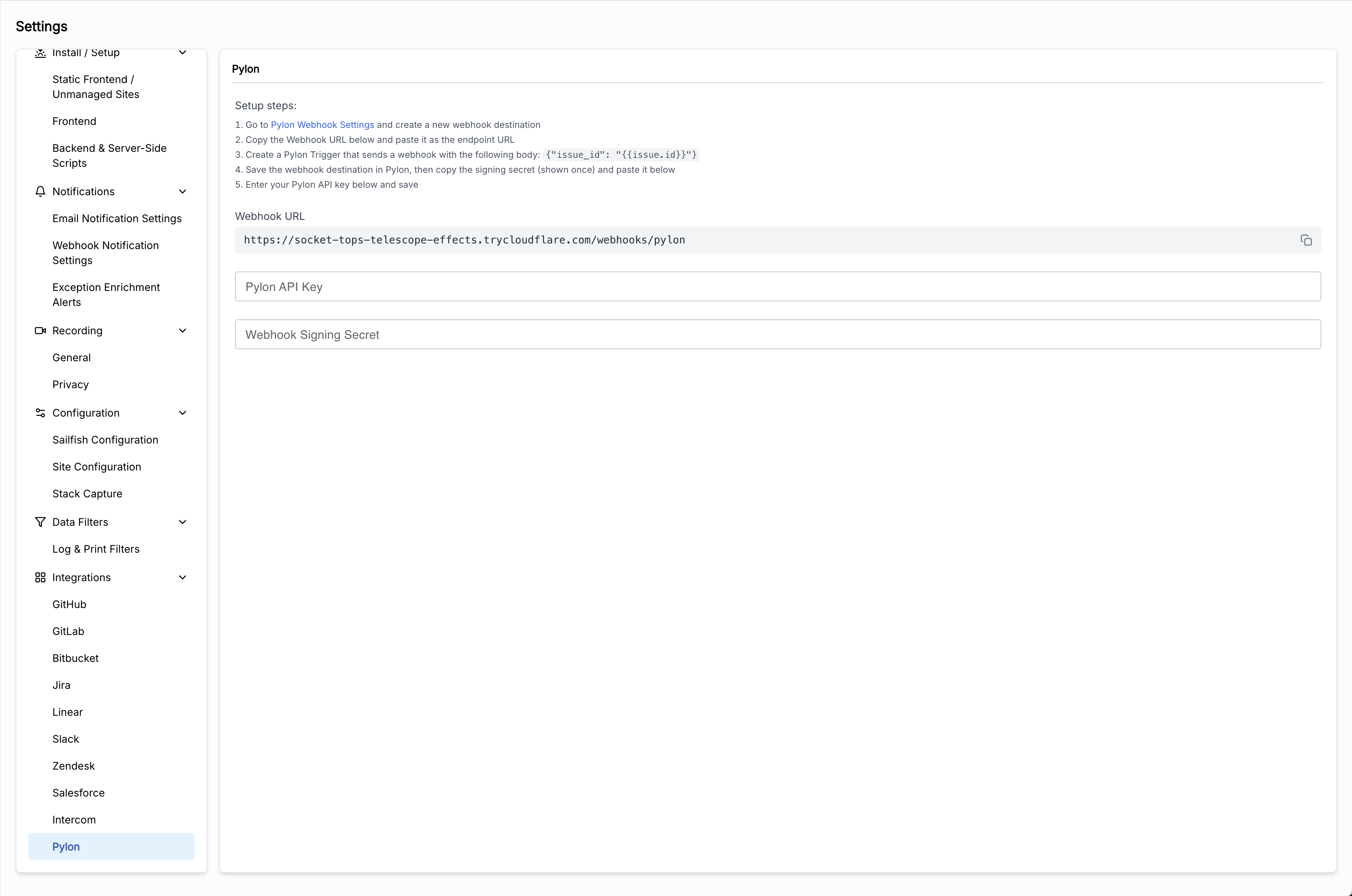 Pylon Settings > API page showing where to generate an API key