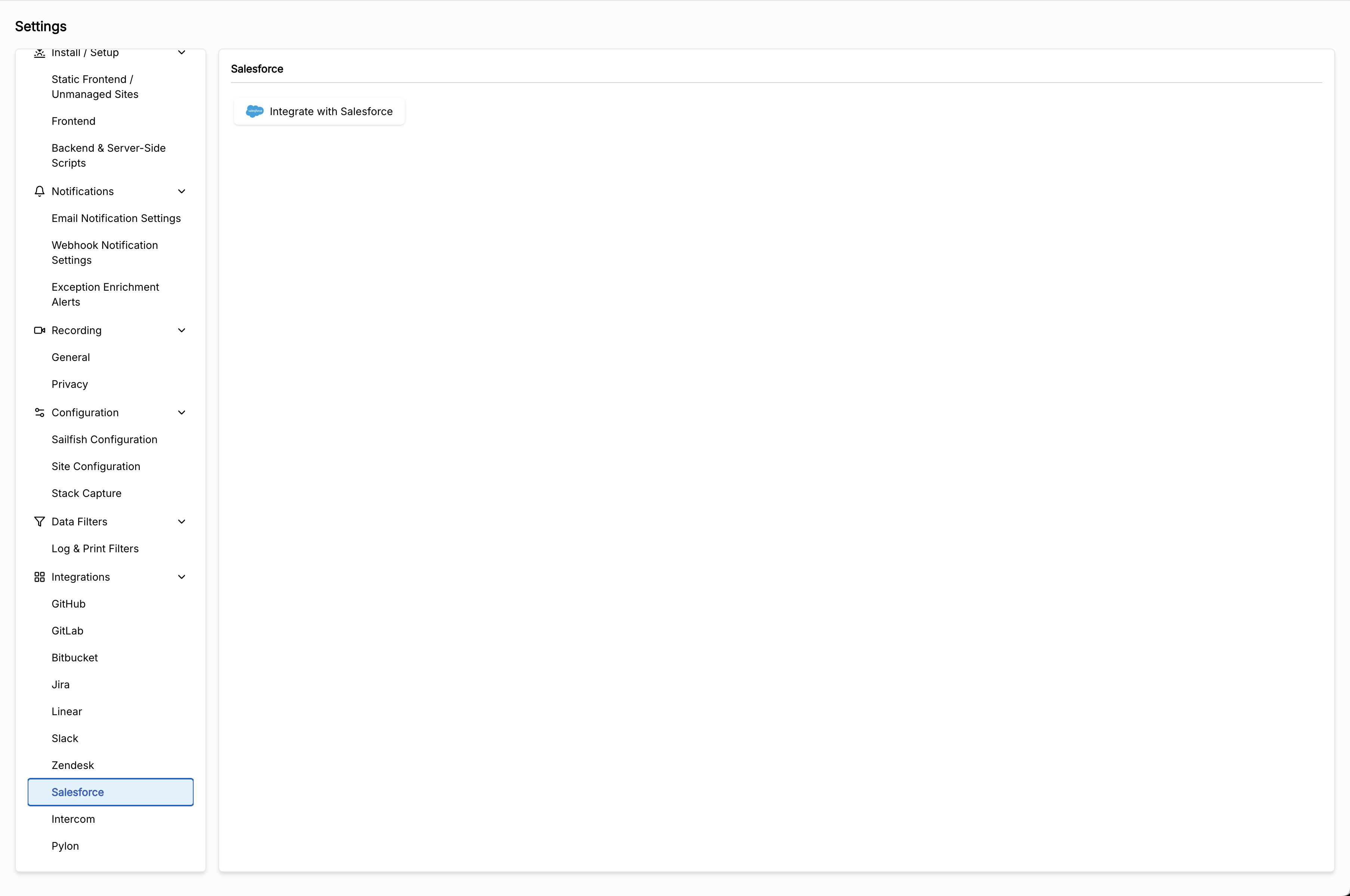 Sailfish Settings > Integrations page with the Salesforce "Connect" button highlighted