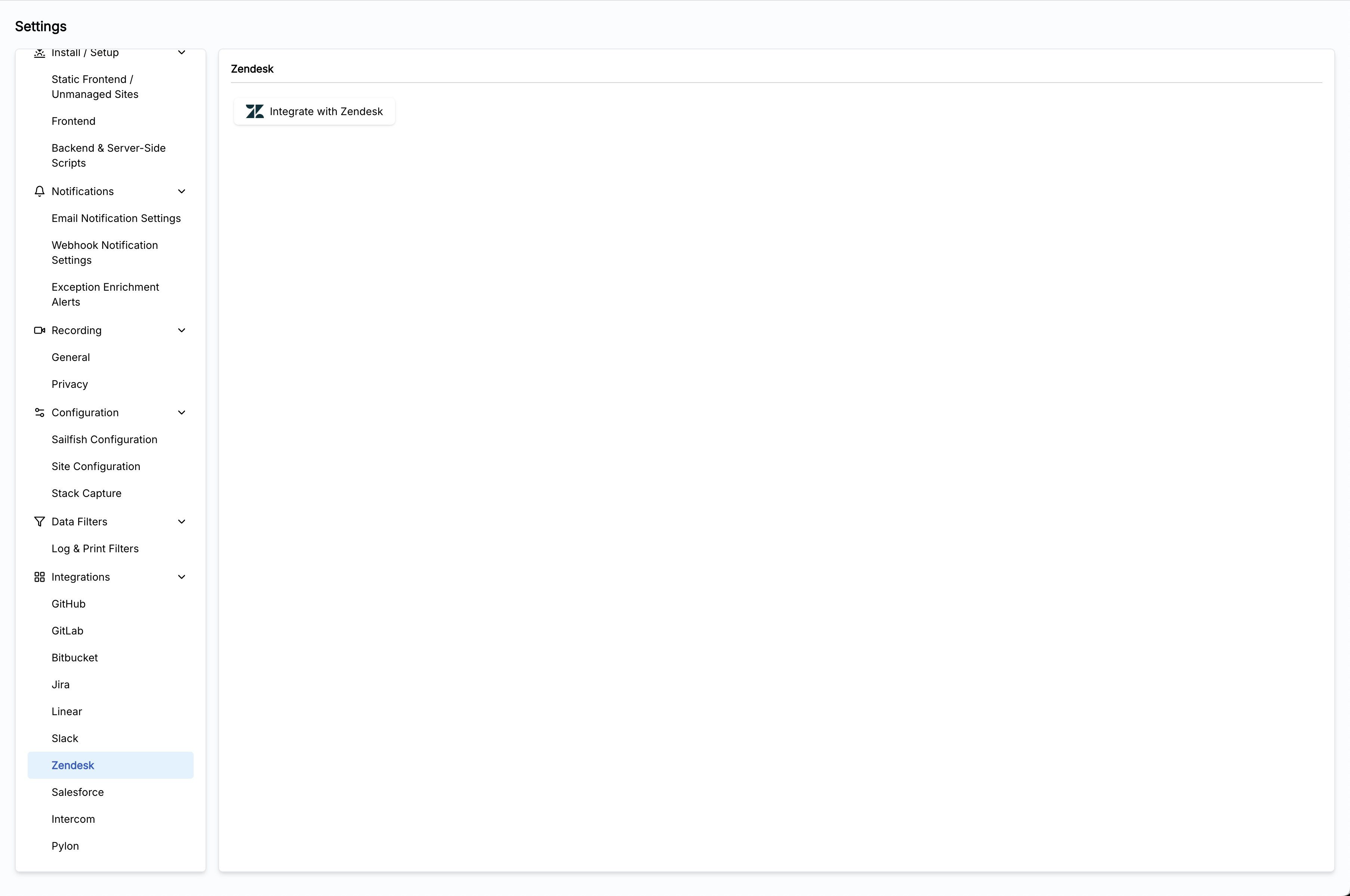 Sailfish Settings > Integrations page with the Zendesk "Connect" button highlighted